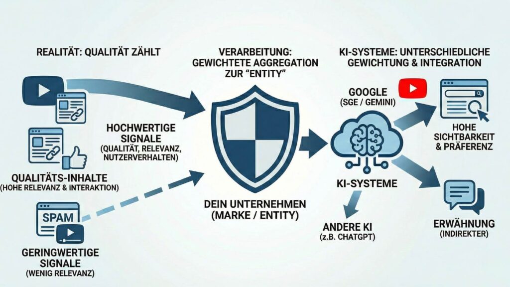 Schaubild darüber, wie LLMs aus Inhalten eine Unternehmens Entity zusammenstellen.